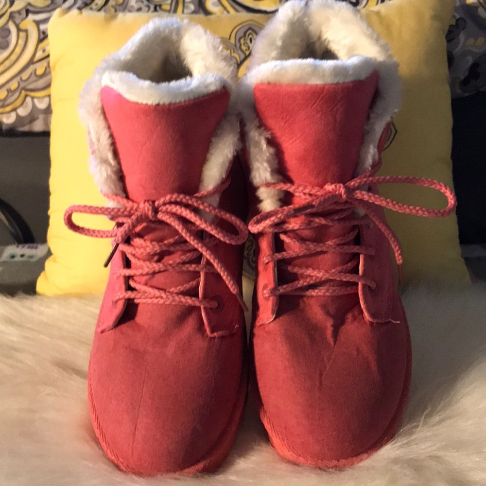 Pink and white boots